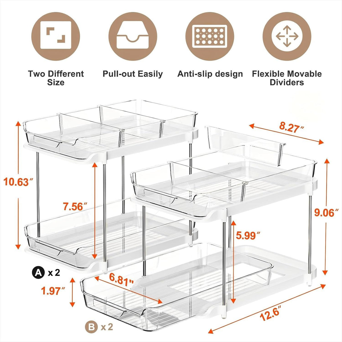 Sizes and pull-out mechanism of the two-tier organizer