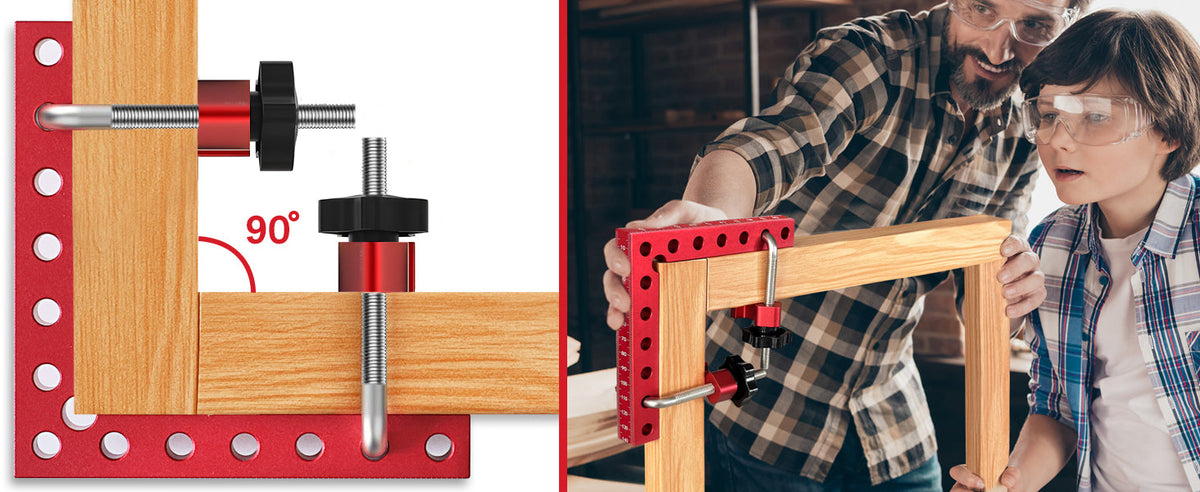 Corner clamp holding a 90 degree joint in a family DIY project