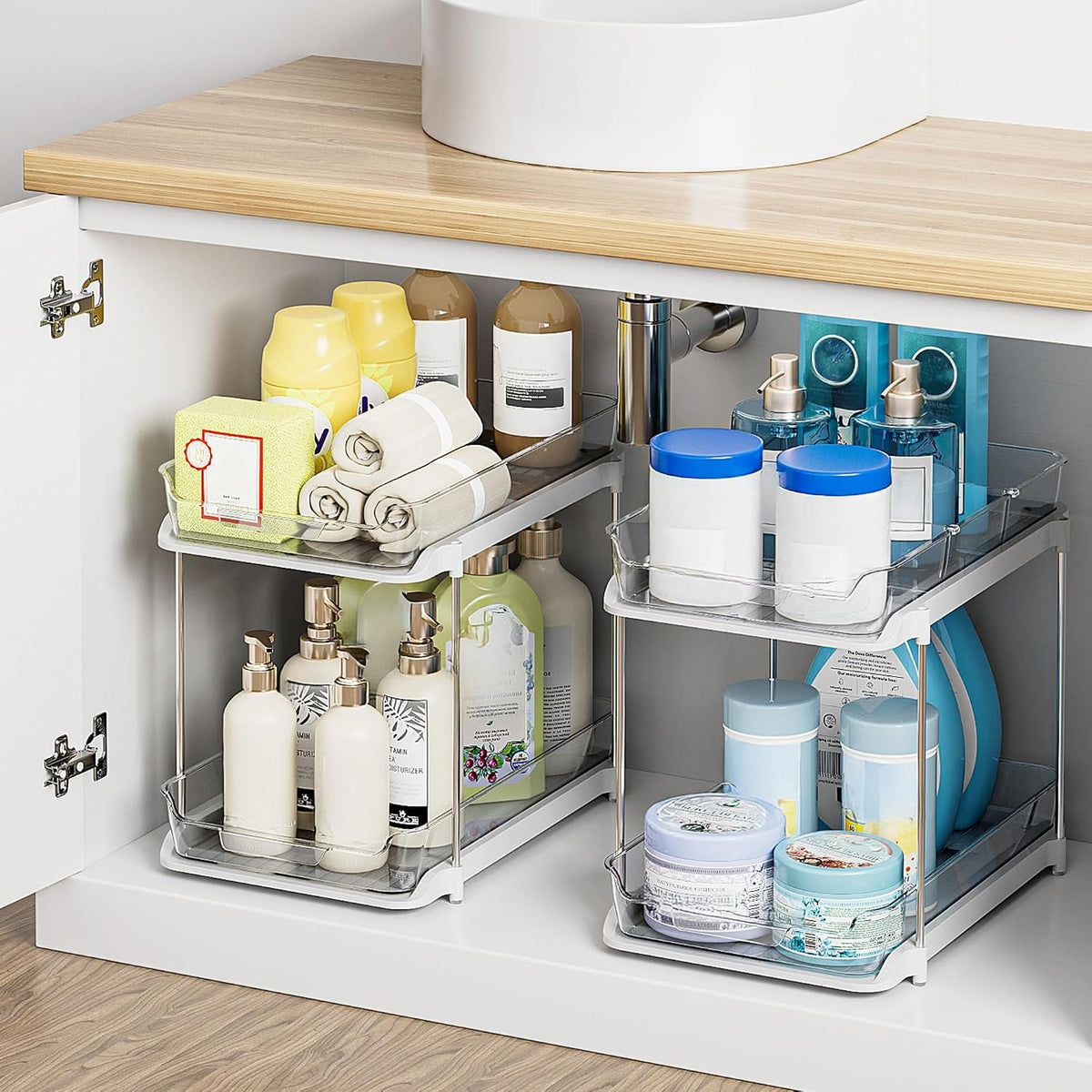 Pull-out organizers holding glass jars in a pantry
