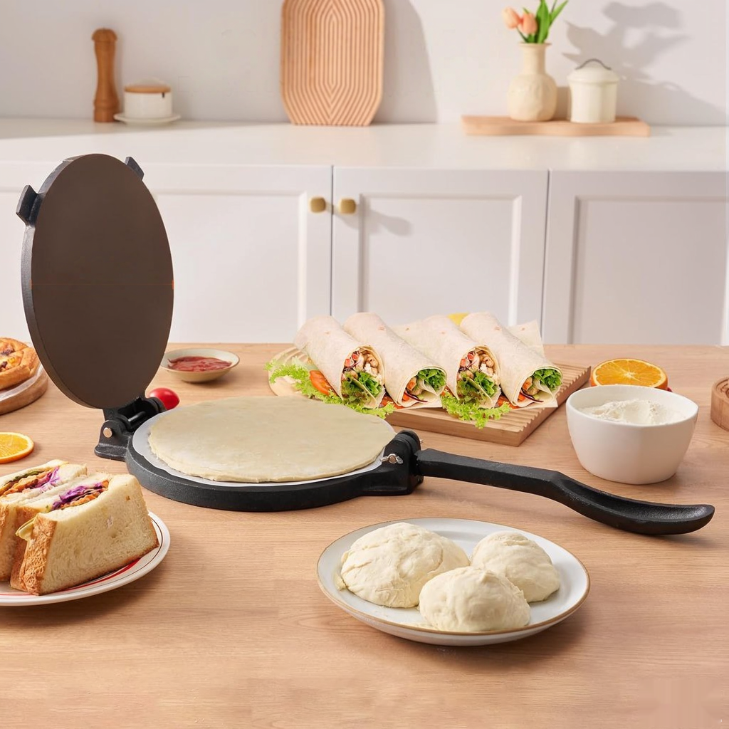 Extra-large 10-inch pressing plate with dough and fresh wraps