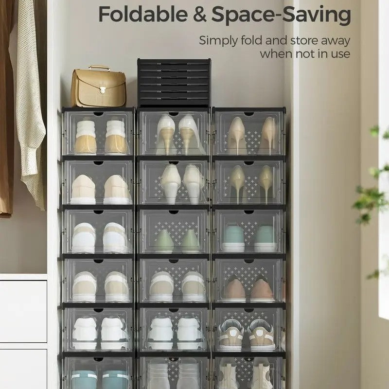 Clear shoe cubes stacked in a closet holding sneakers and heels