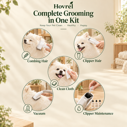 Five grooming jobs in one kit — combing, clipping, cloth, vacuum, maintenance