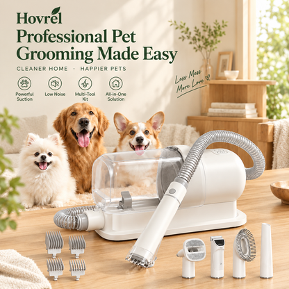 Hovrel pet deshedding vacuum grooming kit with three dogs and full accessory set
