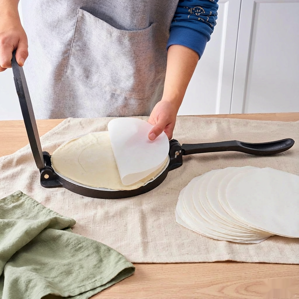 Parchment sheets and tortilla press flat lay
