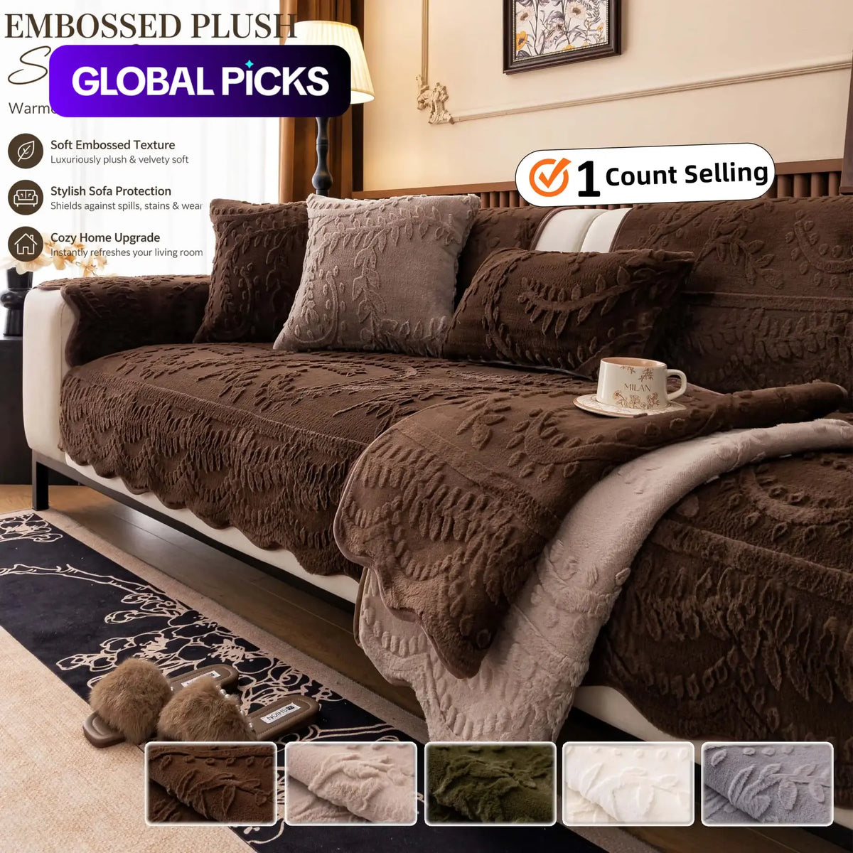 [Black Friday] 1-Piece Embossed Plush SofaCover, Thick Non-Slip Pet-Friendly CouchProtector Throw for 2- and 3-Seater Sofas
