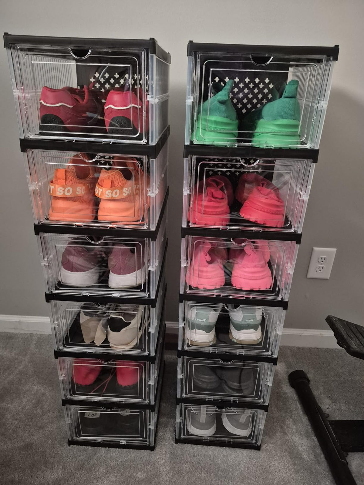 Two Hovrel six-cube shoe cabinets side by side holding colourful sneakers
