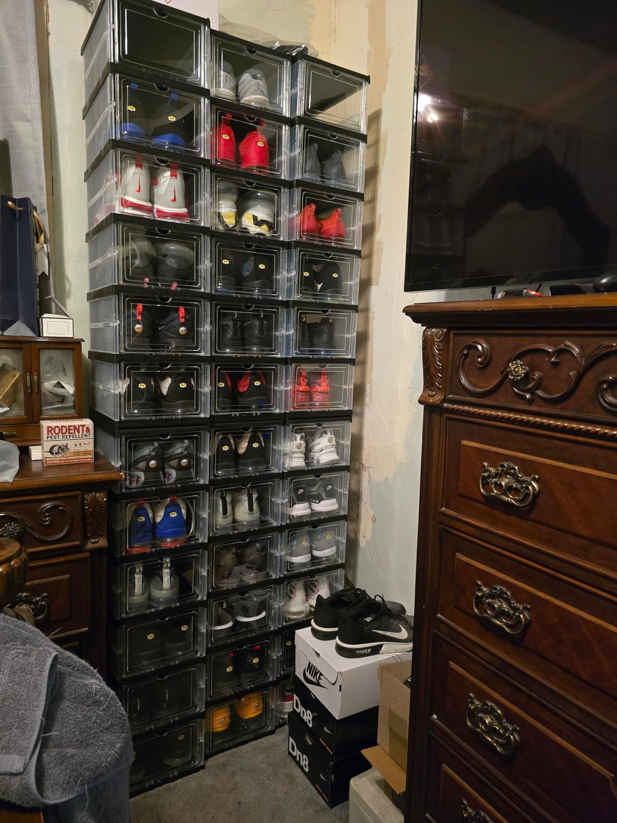 Hovrel clear shoe cubes stacked into a full wall of storage holding dozens of sneakers