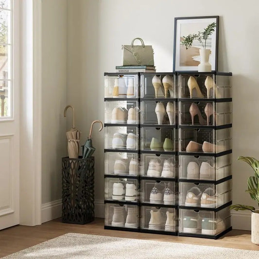 Hovrel collapsible shoe rack organizer in an entryway with shoes, plants and a rug
