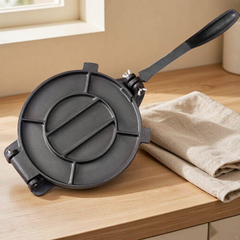Seasoned cast iron plate close-up, rust-resistant finish