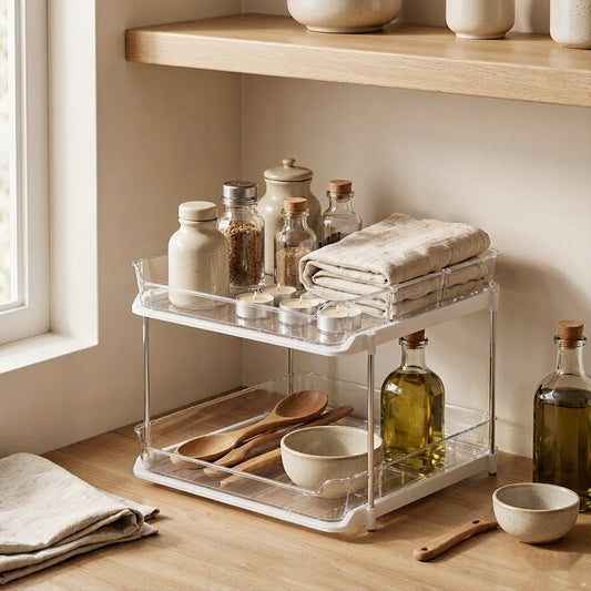 Hovrel 2-tier pull-out pantry organizer in a warm oak kitchen