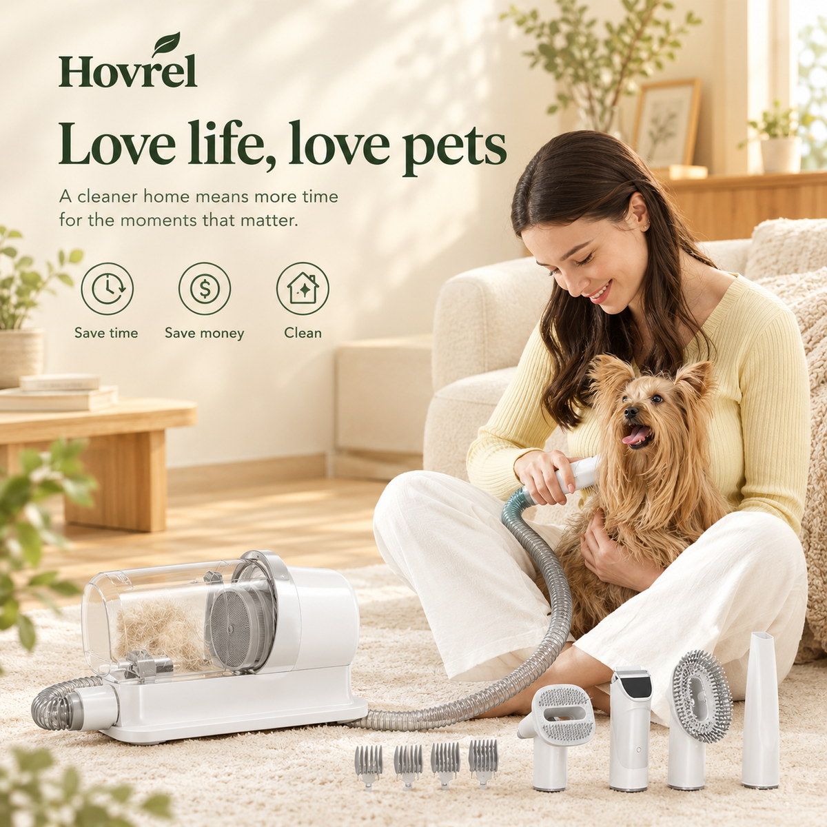 Full kit spread — host unit, deshed brush, trimmer and fabric brush