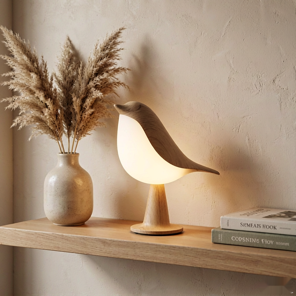 Aviora bird lamp styled on a light oak shelf
