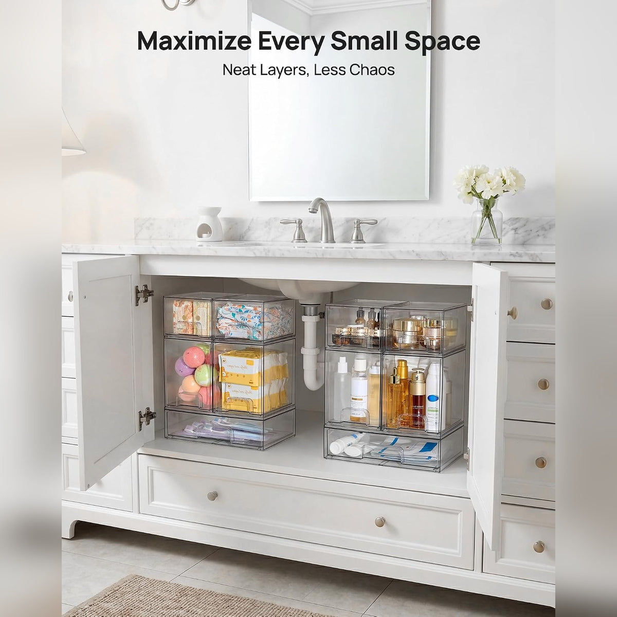 Fits under the sink and inside cabinets