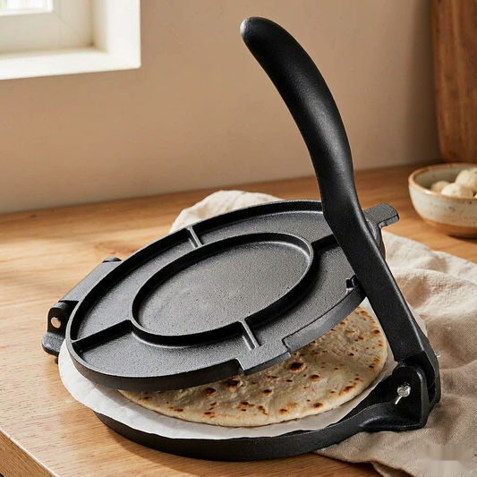 Tortivo cast iron tortilla press open on an oak countertop with fresh tortillas