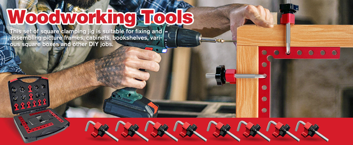 Woodworking tools banner - corner clamps fixing a frame with a drill