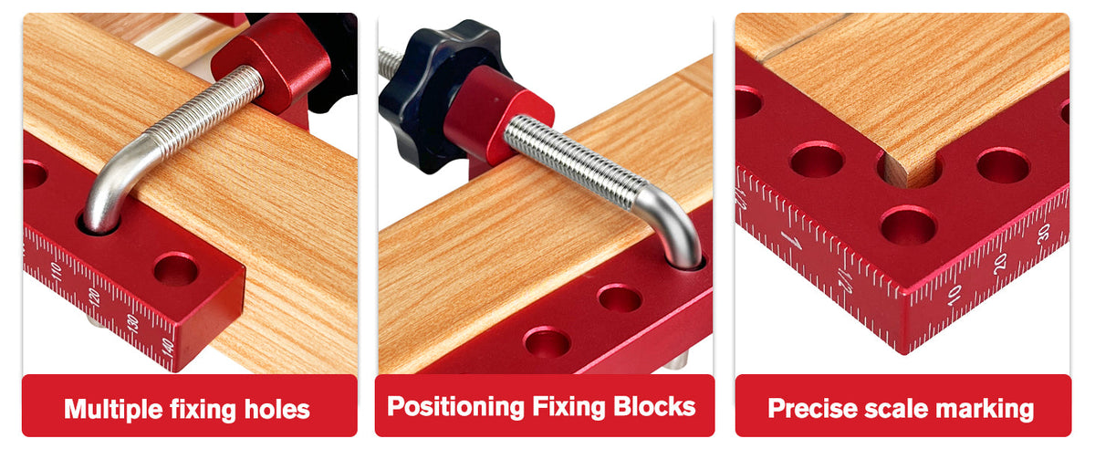 Close-ups: multiple fixing holes, positioning blocks, precise scale marking