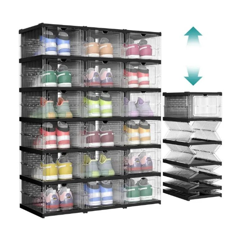 Six clear shoe storage cubes with the fold-flat mechanism, holding sneakers