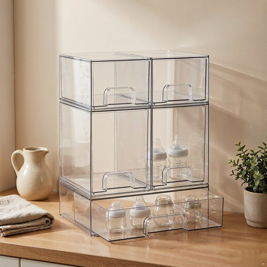 Stackable drawer organizer set of 5 on an oak countertop with baby bottles inside