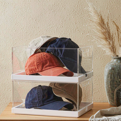 Hovrel Hat Organizer stacked on an oak shelf with baseball caps inside