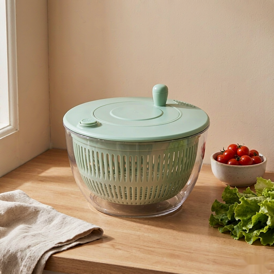 5.3-quart salad spinner and prep station in sage green with five interchangeable blades
