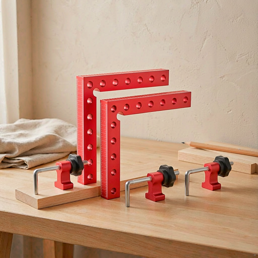 Hovrel 90 degree aluminum corner clamp set on a light oak workbench
