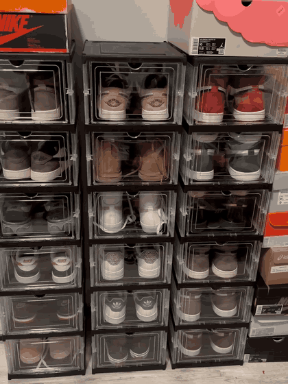Hovrel clear shoe cubes stacked into a wall of six-cube cabinets, filled with sneakers (animated demo)
