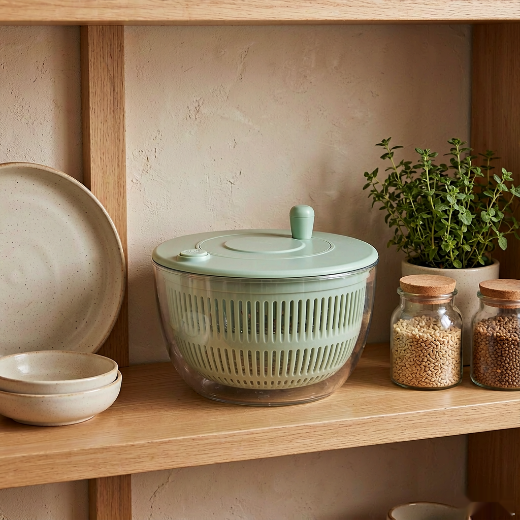 Spinner stored on an open oak kitchen shelf